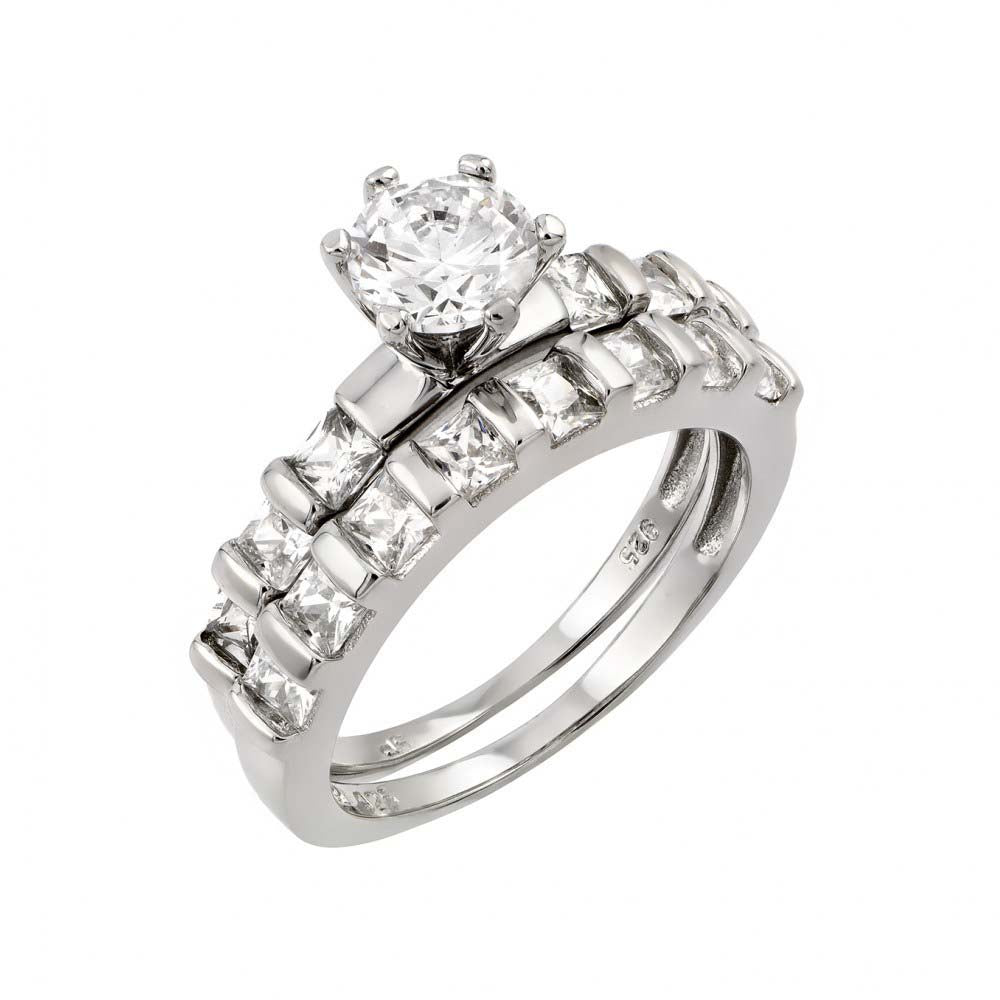 Sterling Silver Rhodium Plated CZ Clear Inlay Engagement Ring Pair Set