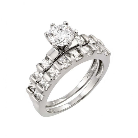 Sterling Silver Rhodium Plated CZ Clear Inlay Engagement Ring Pair Set