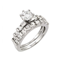 Sterling Silver Rhodium Plated CZ Clear Inlay Engagement Ring Pair Set