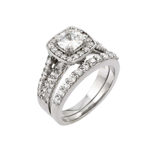Sterling Silver Rhodium Plated Clear Cluster Square CZ Engagement Ring Pair Set