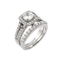 Sterling Silver Rhodium Plated Clear Cluster Square CZ Engagement Ring Pair Set
