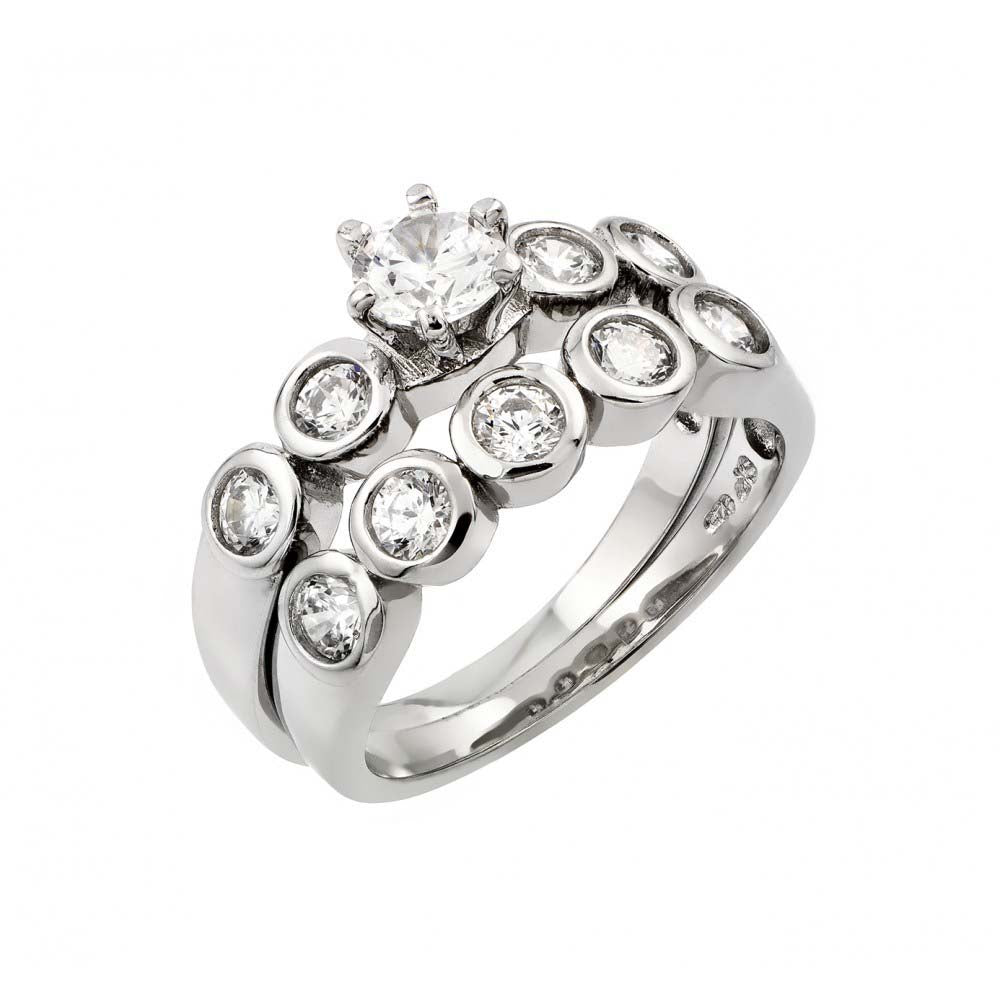 Sterling Silver Rhodium Plated Clear CZ Engagement Ring Pair Set