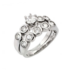 Sterling Silver Rhodium Plated Clear CZ Engagement Ring Pair Set