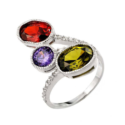 Sterling Silver Multi- Colored Oval and Round Cut Czs Fancy Band Ring Design Inlaid with Clear CzsAnd Ring Dimensions of 23.6MMx16.5MM