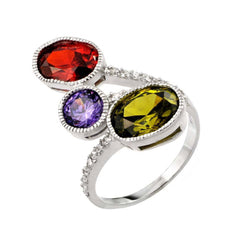 Sterling Silver Multi- Colored Oval and Round Cut Czs Fancy Band Ring Design Inlaid with Clear CzsAnd Ring Dimensions of 23.6MMx16.5MM