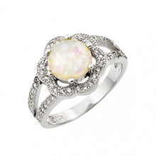 Load image into Gallery viewer, Sterling Silver Rhodium Plated White Opal Center Clear Cluster CZ Flower Ring