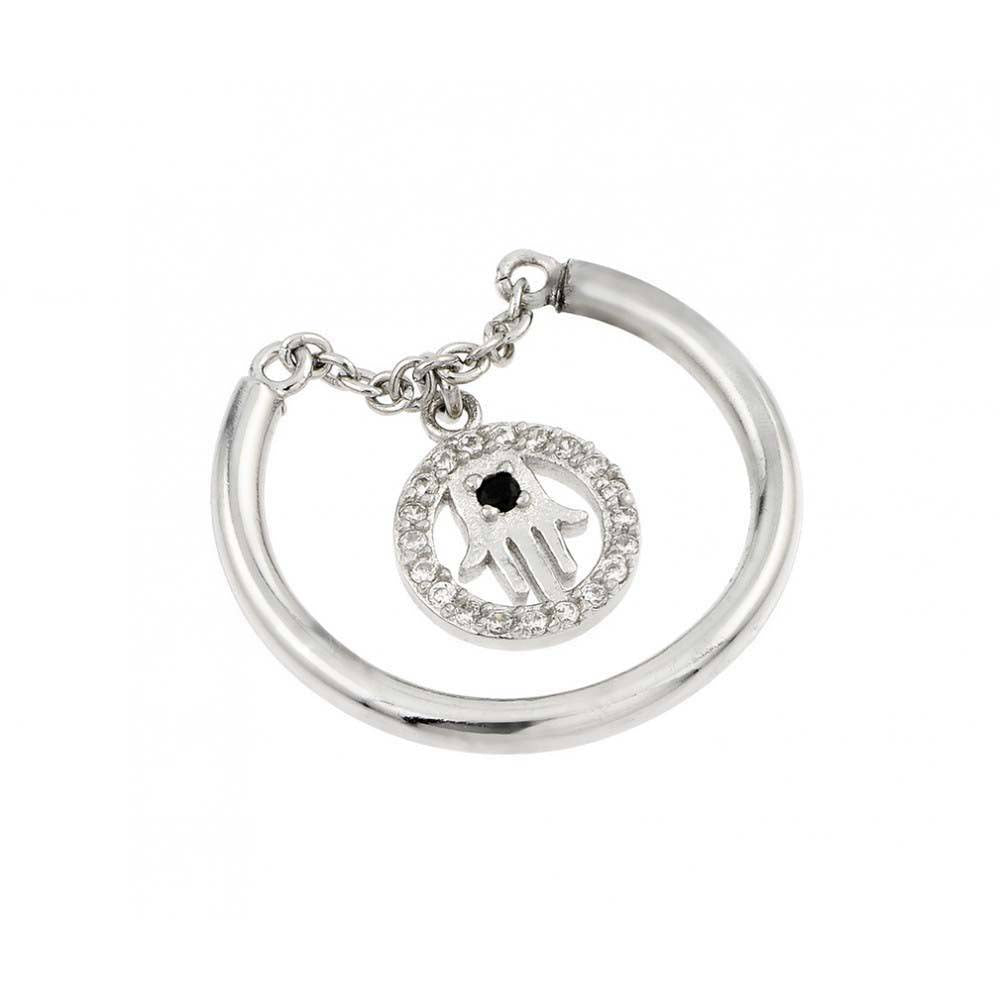 Sterling Silver Rhodium Plated Hamsa Circle Shaped Ring With Black And Clear CZ Ring