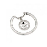 Sterling Silver Rhodium Plated Hamsa Circle Shaped Ring With Black And Clear CZ Ring