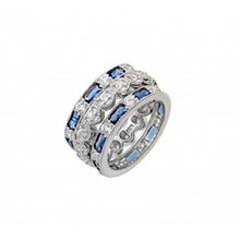 Load image into Gallery viewer, Sterling Silver Rhodium Plated Blue Baguette And Round Clear Eternity RingAnd Dimensions 11mmAnd Width 3mmx2mmAnd Thickness 2mmx4mm