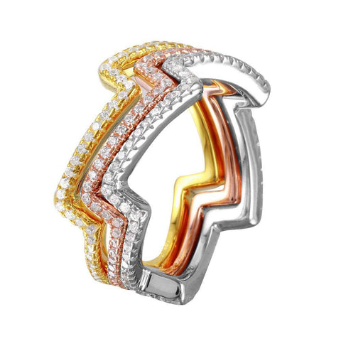 Sterling Silver Multi Plated Three Piece Zig-Zag Stackable Rings With CZ StonesAnd Width 1mmAnd Dimensions 21mmx4mm