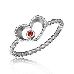 Sterling Silver Rhodium Plated Open Heart Ring With Red CZ