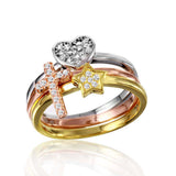 Sterling Silver Rose GoldAnd Gold And Rhodium Plated Three Toned Band With CrossAnd Star And Heart Shaped Ring