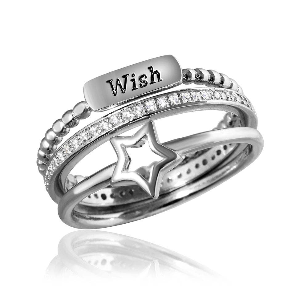 Sterling Silver Rhodium Plated Triple Band Wish Star Wedding Ring With CZ StoneAnd Star Dimensions 7mmx7mmAnd Wish Dimensions 9mmx3mmAnd Width 2mmAnd Thickness 1mm