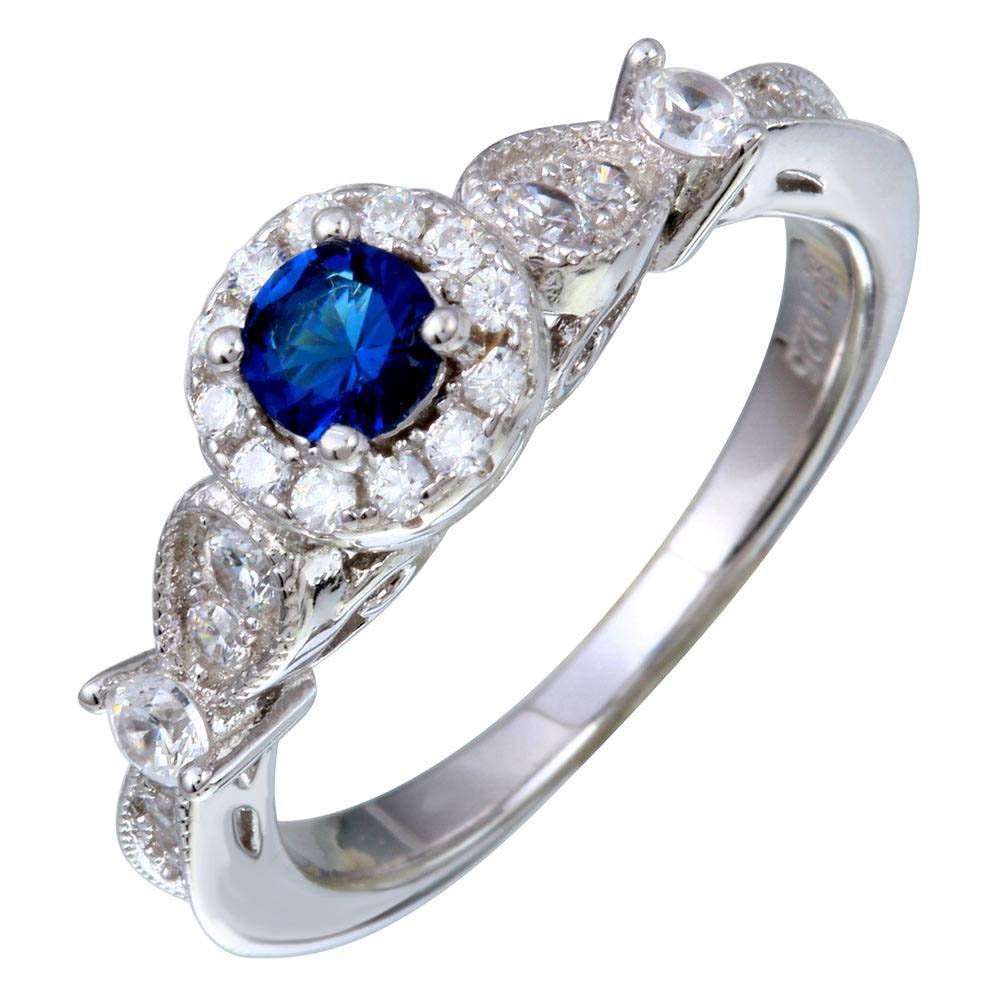 Sterling Silver Rhodium Plated Round And Infinity Shaped Ring With Blue And Clear CZ