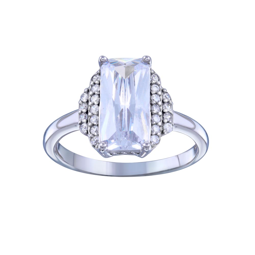 Sterling Silver Rhodium Plated Layered Rectangle Center CZ Bridal Ring
