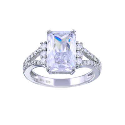 Sterling Silver Rhodium Plated Open Shank Wide Rectangle Center CZ Bridal Ring
