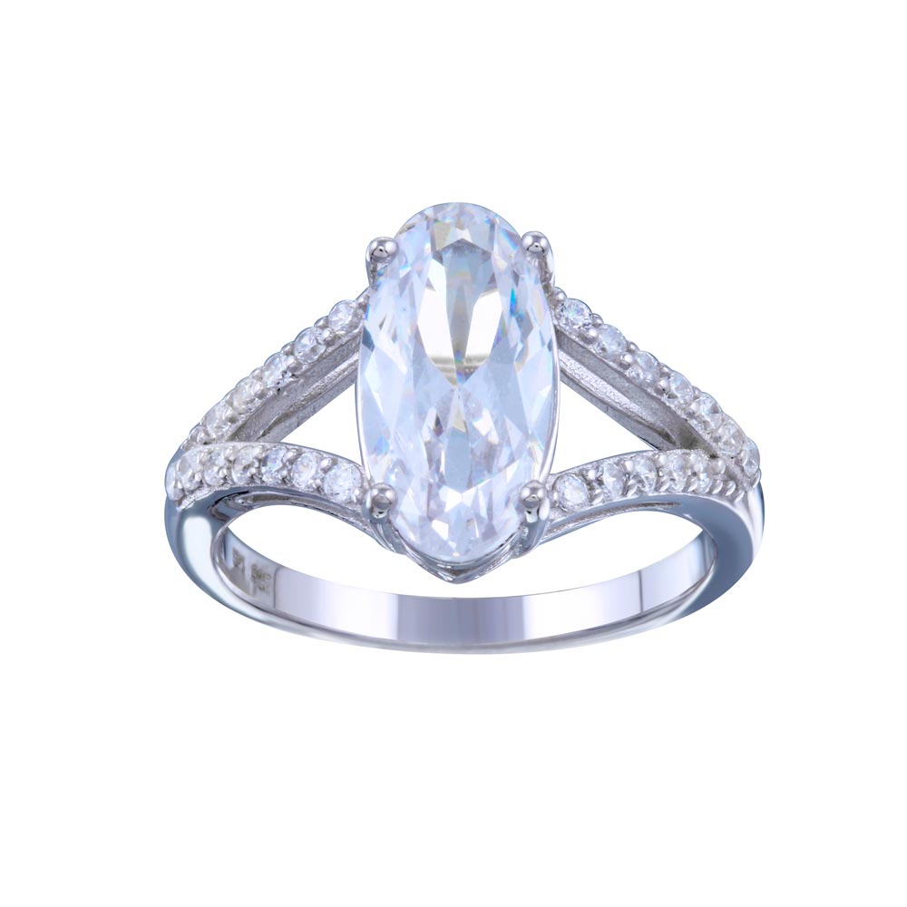 Sterling Silver Rhodium Plated Open Shank Oval Center CZ Bridal Ring