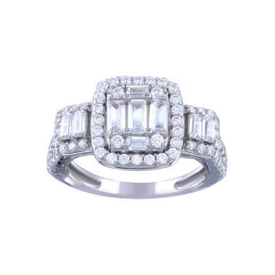 Sterling Silver Rhodium Plated Past Present Future Baguette CZ Bridal Ring