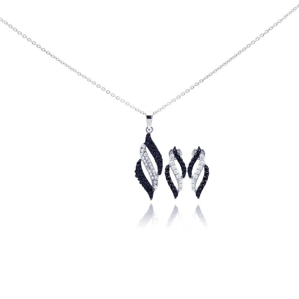 Sterling Silver Rhodium Plated Black and Clear Stripe CZ Stud Earring and Necklace Set