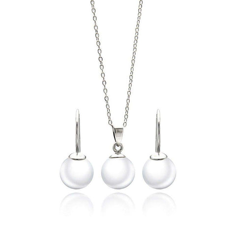 Sterling Silver Rhodium Plated White Enamel Pearl Lever Back Earring and Necklace Set With CZ  Stones