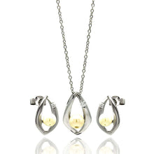 Load image into Gallery viewer, Sterling Silver Rhodium Plated Open Teardrop Center Pearl Stud Earring and Necklace Set With CZ  Stones