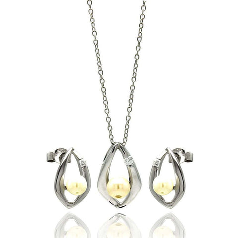 Sterling Silver Rhodium Plated Open Teardrop Center Pearl Stud Earring and Necklace Set With CZ  Stones