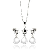 Sterling Silver Rhodium Plated Star White Enamel Pearl Dangling Stud Earring and Necklace Set With CZ  Stones