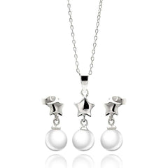 Sterling Silver Rhodium Plated Star White Enamel Pearl Dangling Stud Earring and Necklace Set With CZ  Stones