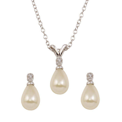 Sterling Silver Rhodium Plated Tear Drop Pearl Earrings With CZ And Necklace set