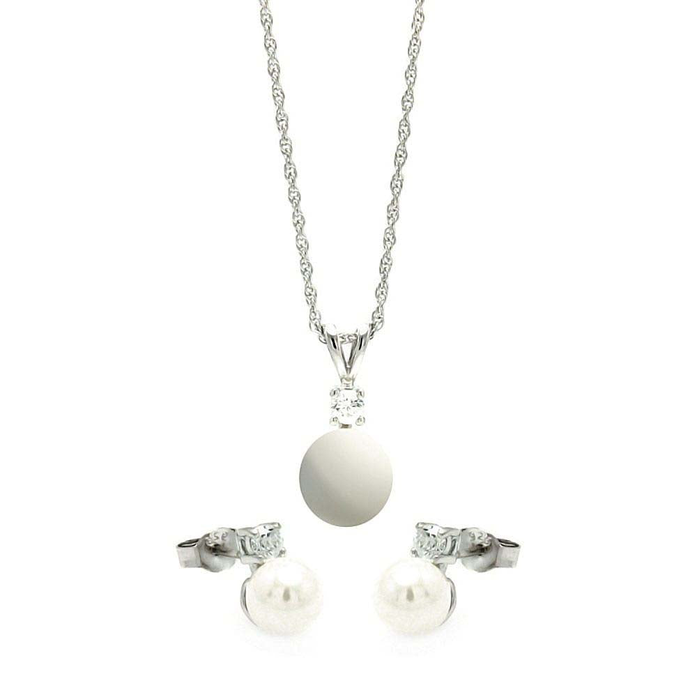 Sterling Silver Rhodium Plated Hanging Pearl Stud Earring and Necklace Set With CZ  Stones