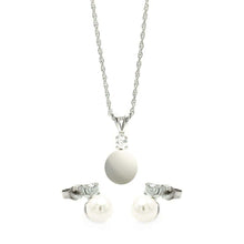 Load image into Gallery viewer, Sterling Silver Rhodium Plated Hanging Pearl Stud Earring and Necklace Set With CZ  Stones