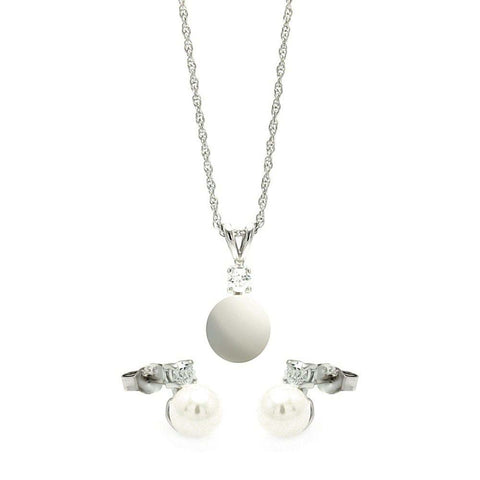 Sterling Silver Rhodium Plated Hanging Pearl Stud Earring and Necklace Set With CZ  Stones