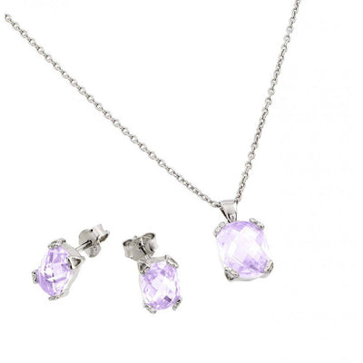 Sterling Silver Rhodium Plated Square Alexandrite CZ Stud Earring and Necklace Set