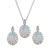 Sterling Silver Rhodium Plated Round Synthetic Opal Pendant Necklace and Earrings Set with CZ