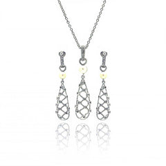 Sterling Silver Rhodium Plated Fishnet Drop Pearl Clear CZ Dangling Stud Earring and Dangling Necklace Set