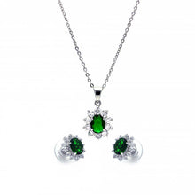 Load image into Gallery viewer, Sterling Silver Rhodium Plated Green and Clear Cluster Flower CZ Stud Earring and Dangling Necklace Set
