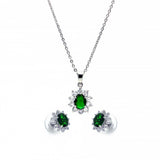 Sterling Silver Rhodium Plated Green and Clear Cluster Flower CZ Stud Earring and Dangling Necklace Set