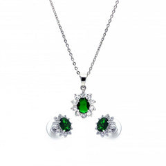 Sterling Silver Rhodium Plated Green and Clear Cluster Flower CZ Stud Earring and Dangling Necklace Set