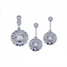 Load image into Gallery viewer, Sterling Silver Rhodium Plated Flower CZ Dangling Earring and Necklace Set