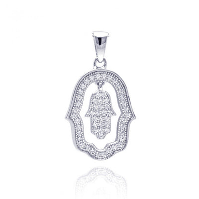 Sterling Silver Rhodium Plated Open Hand Curvy Cricle CZ Dangling Necklace