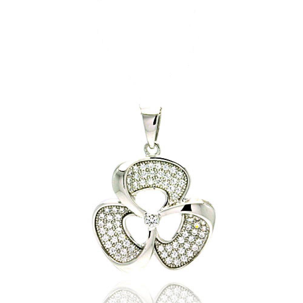 Sterling Silver Rhodium Plated Micro Pave Clear CZ Flower Pendant
