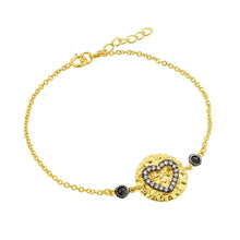 Load image into Gallery viewer, Sterling Silver Gold Plated Circle Black Heart Clear CZ Inlay Bracelet