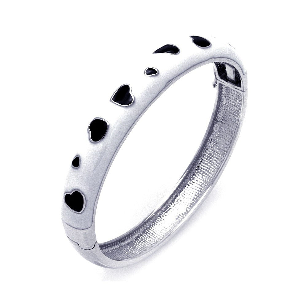 Sterling Silver Rhodium Plated White Enamel Heart Design CZ Bangle Bracelet