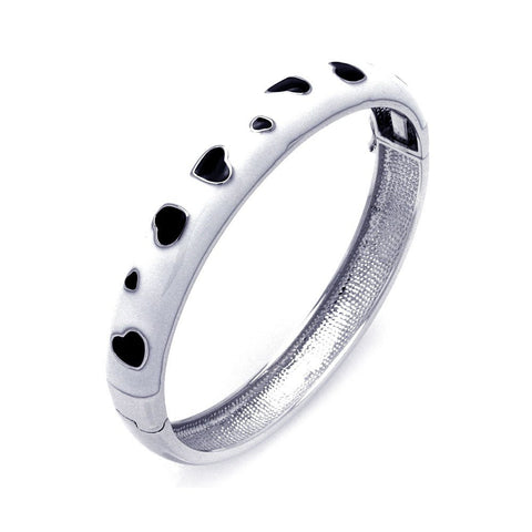 Sterling Silver Rhodium Plated White Enamel Heart Design CZ Bangle Bracelet