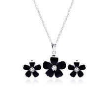 Load image into Gallery viewer, Sterling Silver Rhodium Plated Black Flower and Clear CZ Stud Earring and Dangling Necklace Set