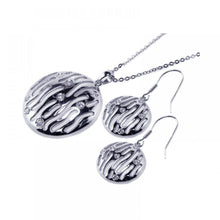 Load image into Gallery viewer, Sterling Silver Rhodium Plated Round Open Zebra Stripe Clear CZ Hook Earring and Dangling Necklace Set