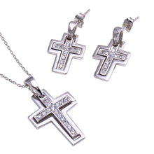 Load image into Gallery viewer, Sterling Silver Rhodium Plated Clear Inlay Cross CZ Dangling Stud Earring and Dangling Necklace Set