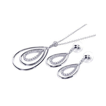 Load image into Gallery viewer, Sterling Silver Rhodium Plated Clear Open Tear Drop CZ Dangling Stud Earring and Dangling Necklace Set