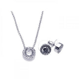 Sterling Silver Rhodium Plated Clear Round Pave Set CZ Stud Earring and Necklace Set