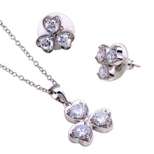 Load image into Gallery viewer, Sterling Silver Rhodium Plated Clear Clover Leaf CZ Stud Earring and Necklace Set